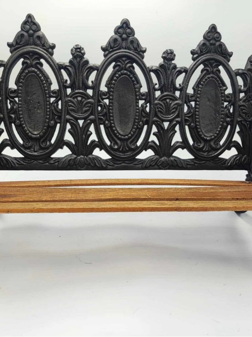 2 - Ornate Black Cast Iron and Wood Bench Back Panel - Black